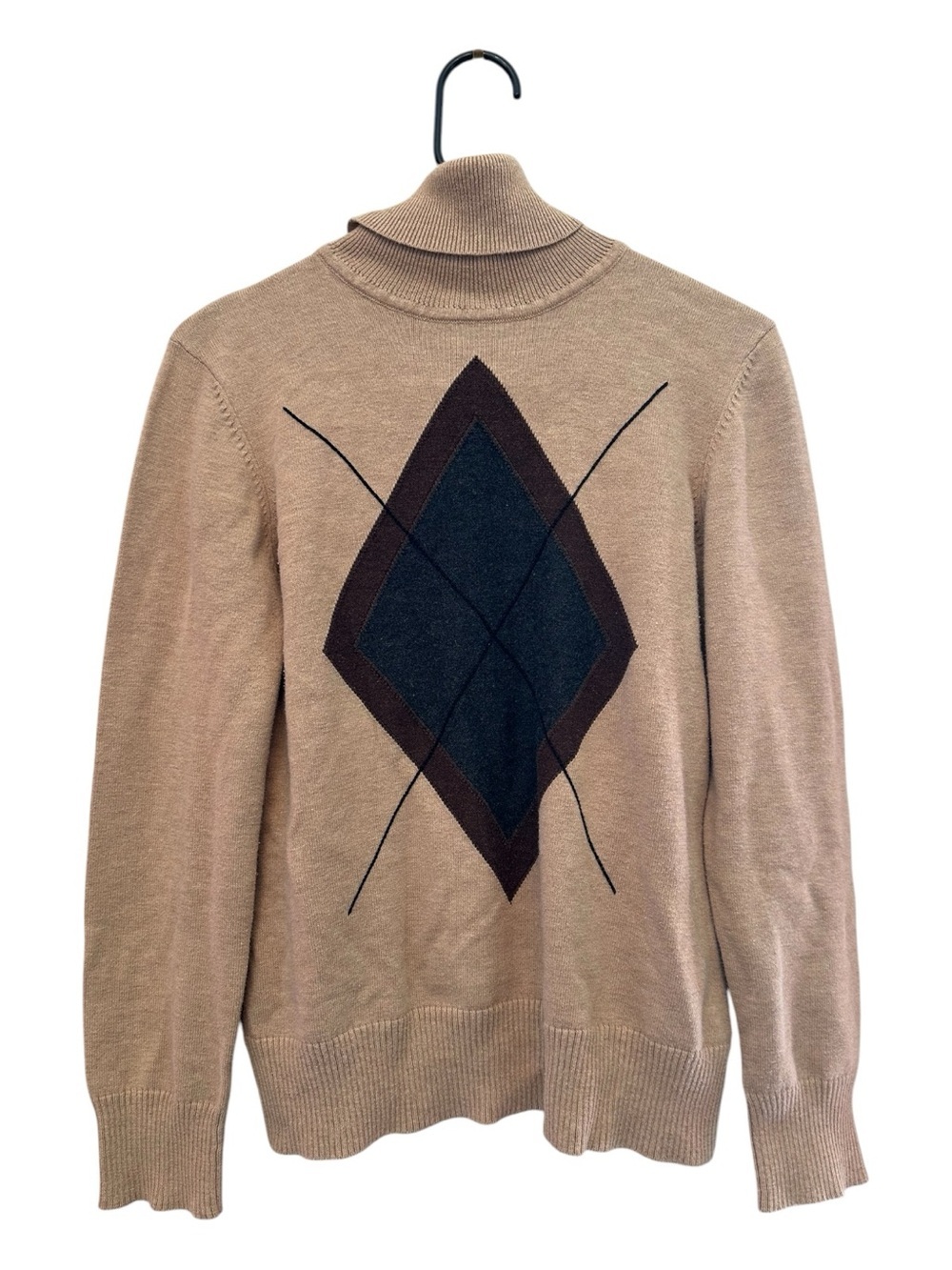 Vintage Y2K Van Heusen Tan Turtleneck Sweater with Brown & Navy Diamond Motif S